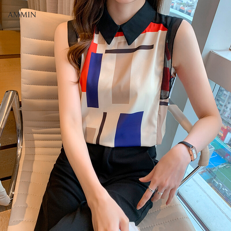 AMMIN Women's sweet doll collar sleeveless striped chiffon shirt Women's 2021 summer new style fashionable and elegant blouse tops