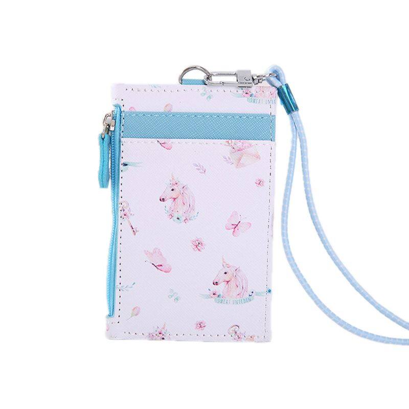 Portable ID Badge Credit Card Holder Leather Pocket Case Business Wallet with Neck Lanyard