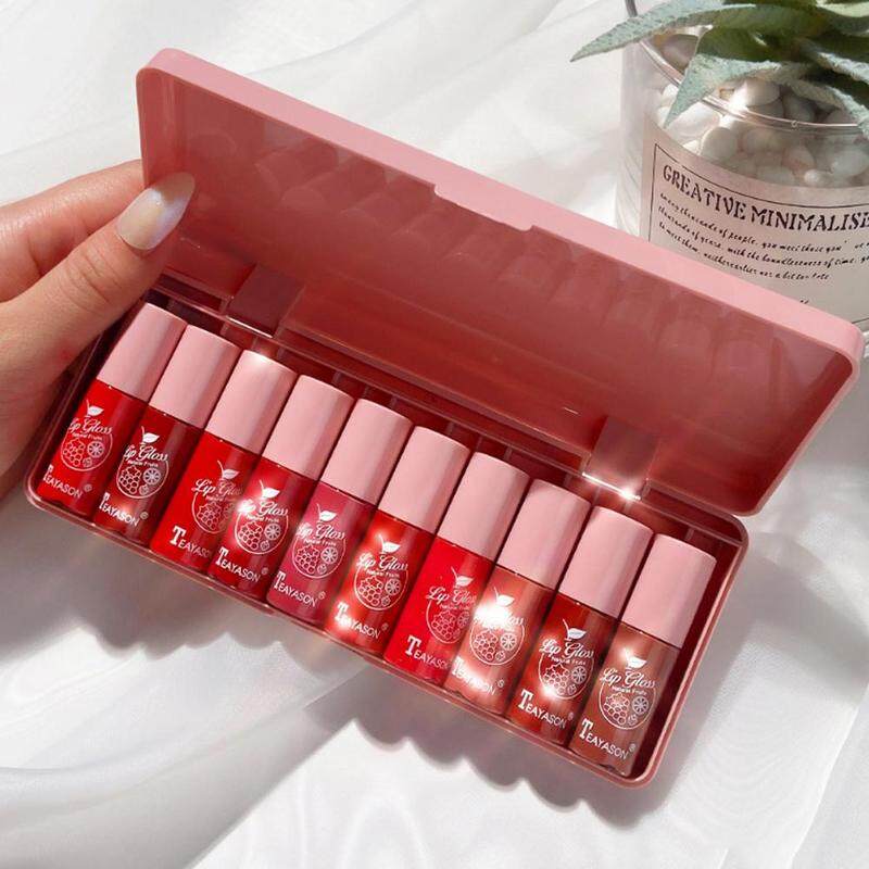 10 Pieces of Pink Pearlescent Set Box Lip Gloss Dye Lip Liquid Lip Glaze Moisturizing Lasting Moisturizing Cute Mirror Lipstick