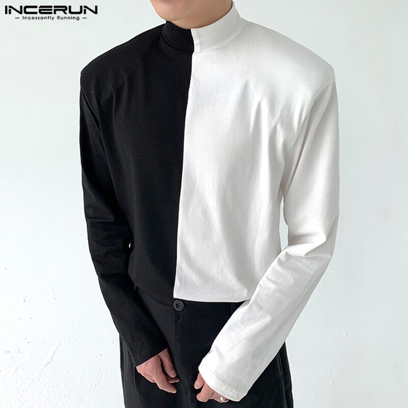 INCERUN Mens Long Sleeve Black&White Patchwork T Shirts Casual Fit Blouse (Korean Style)