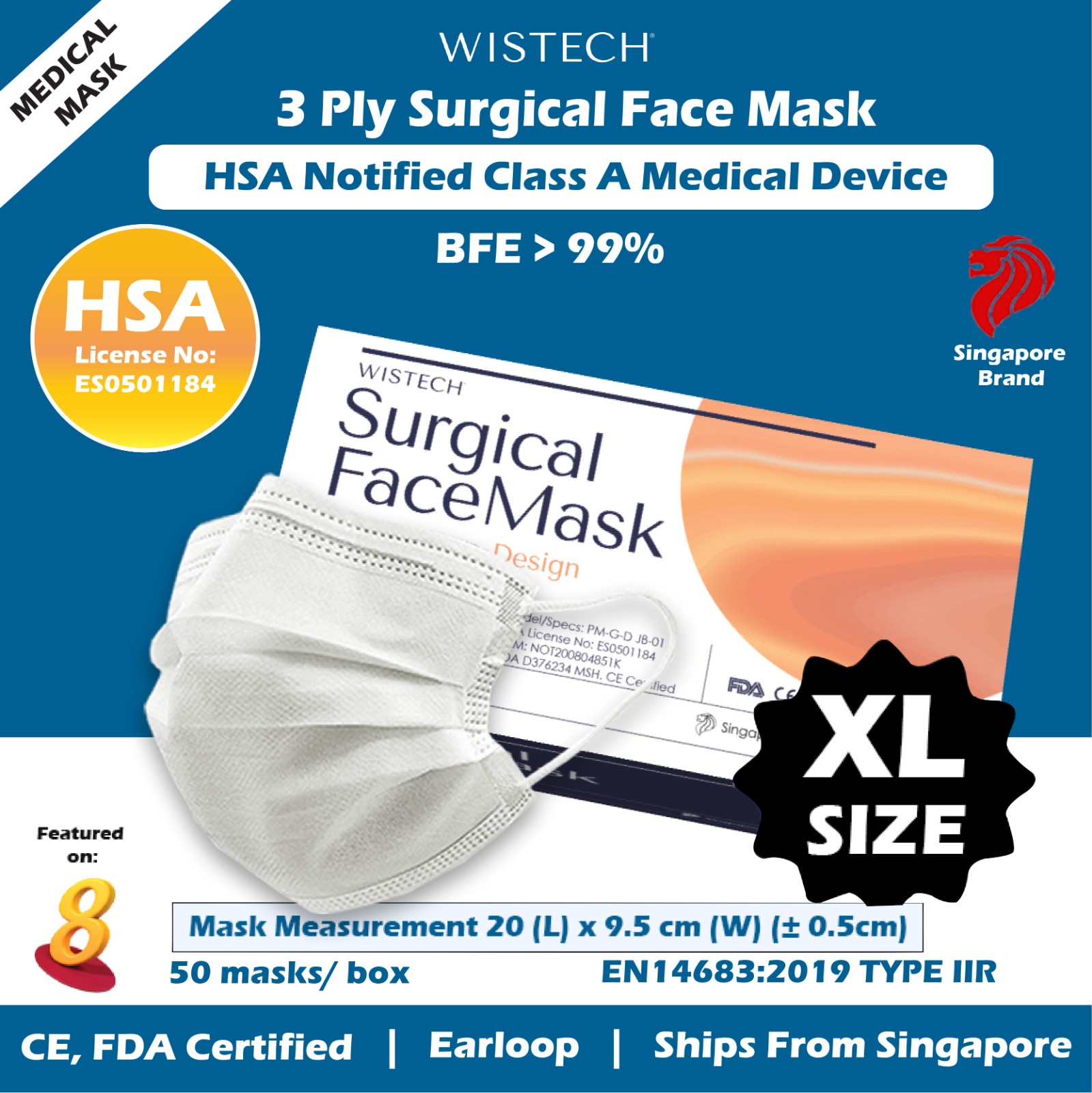 [GET %% OFF MIX AND MATCH] (XL LARGE SIZE BLACK/WHITE/BLUE) Wistech 3 Ply Surgical Mask, HSA Notified Medical Device, FDA CE Approved, BFE 99%, Singapore Ready Stock