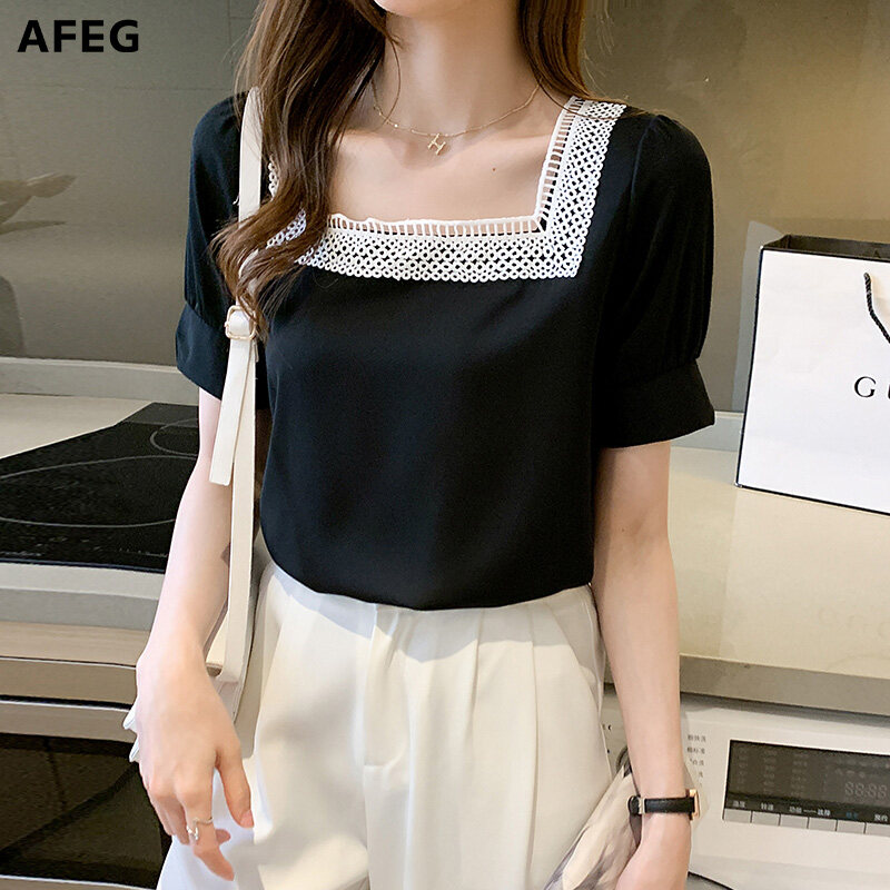 AFEG Korean style women's short-sleeved square neck black temperament blouse for women