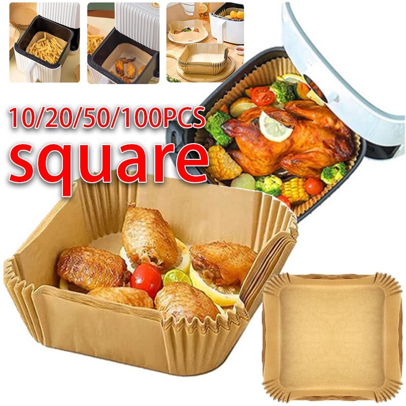 50pcs 20cm Air Fryer Disposable Baking Papers Non-Stick Steamer Square Parchment Paper Liners Kitchen Accessories