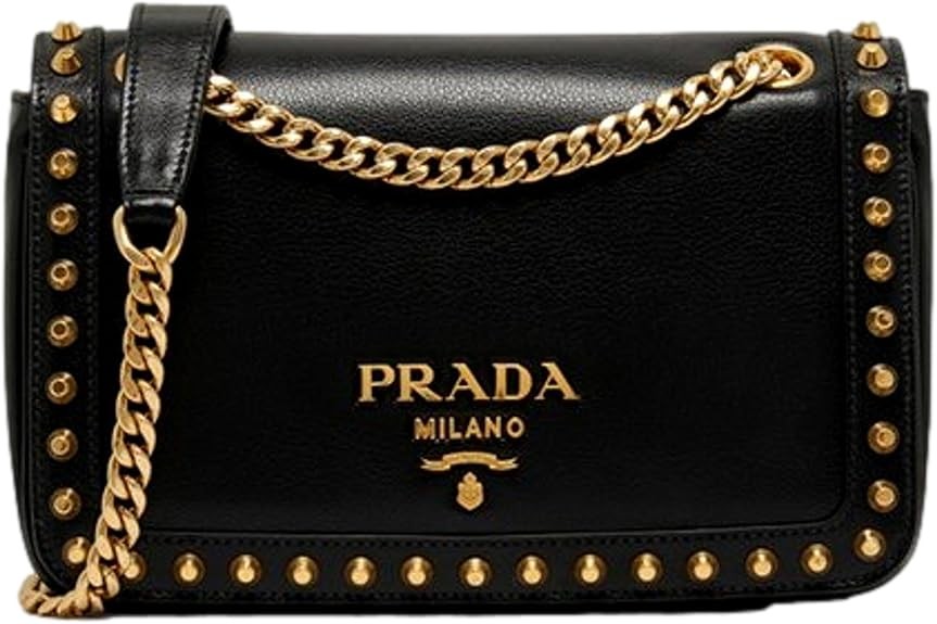Prada Blue Black Glace Leather Studded Trim Crossbody Handbag 1BD147